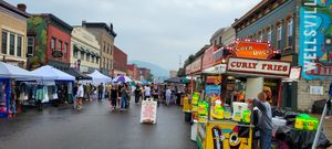 Outdoor street market in Wellsville with vendors, tents, and a curly fries food stand on a cloudy day.