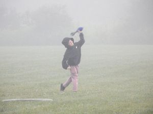 Child throwing a blue frisbee in a misty green field on a foggy day.