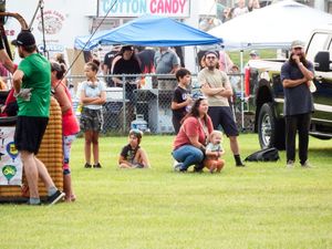 Families enjoy a outdoor festival on green grass near a cotton candy stand and blue canopy tent.