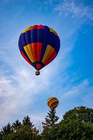 Two colorful hot air balloons soaring over green treetops against a bright blue sky with wispy clouds.