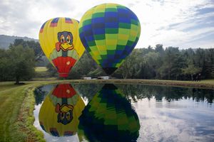 Two colorful hot air balloons reflecting on a calm pond surrounded by lush green trees on a cloudy day.