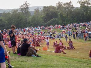 Large outdoor festival crowd gathered on a sunny hillside with lush green trees in the background.