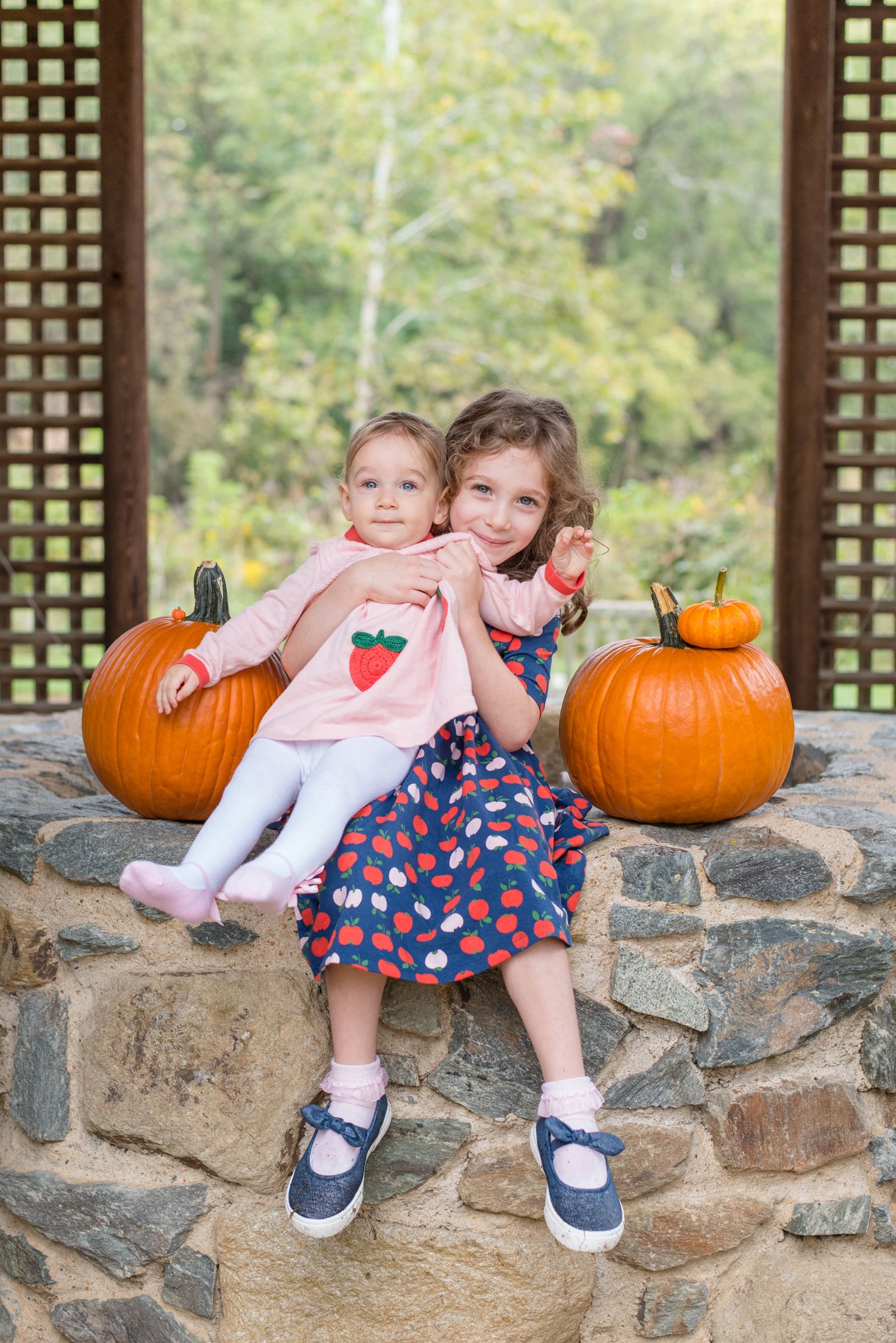young girl holding her toddler sister on a stone wall surrounded by pumpkins during a fall family photo session in Arlington, VA
