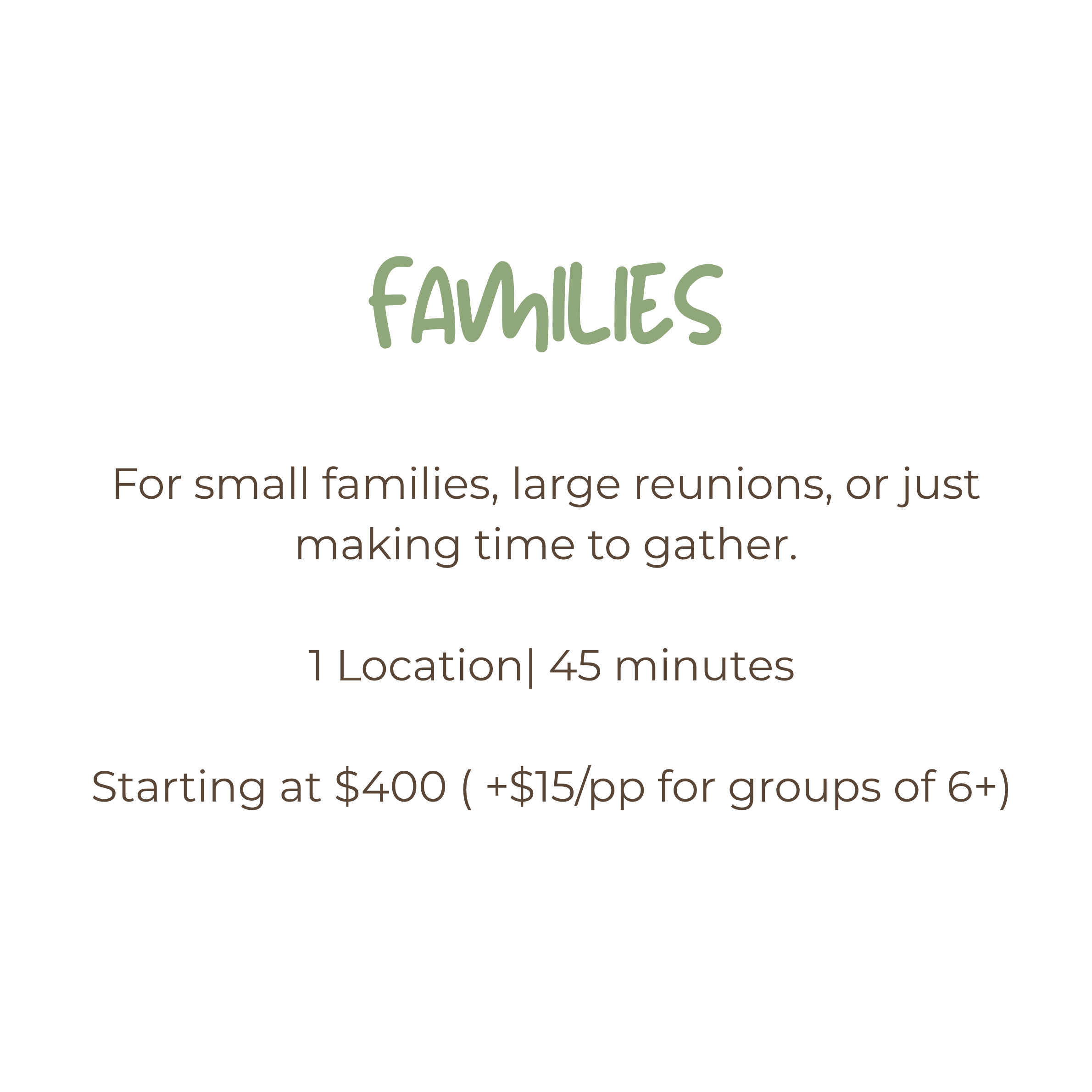 Family photography pricing card offering sessions starting at $400 for 45 minutes at one location.
