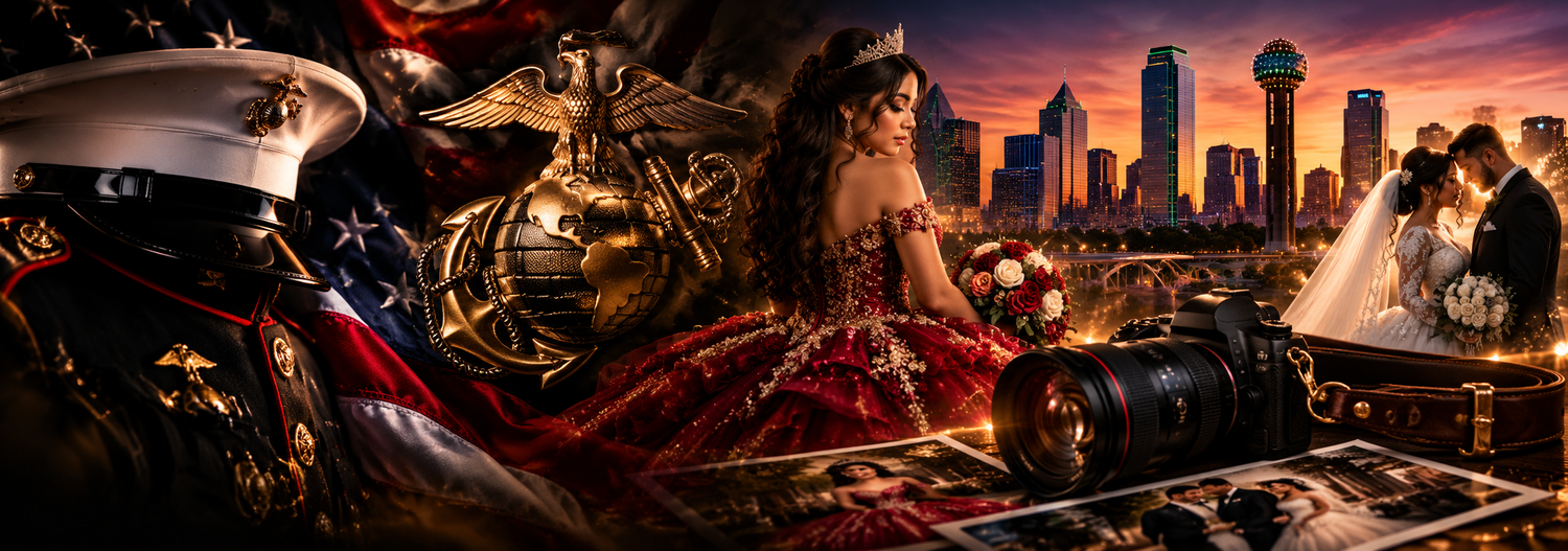 Marine Corps dress uniform and Quinceanera portrait against Dallas skyline representing veteran-owned family photography in North Texas