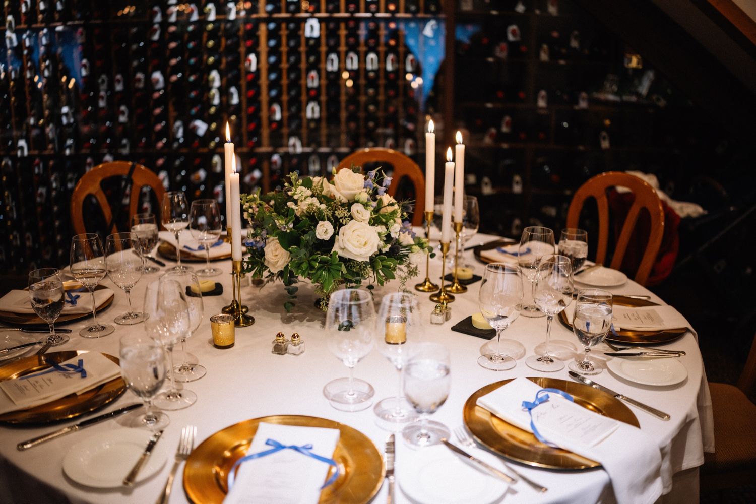 Post Hotel banquet hall table set with a Fleurish centrepiece before guests arrive, Lake Louise