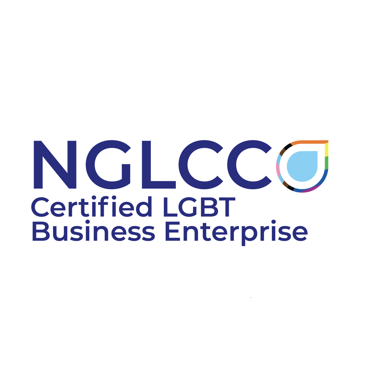 NGLCC Certified LGBT Business Enterprise logo with navy text and a blue water droplet outlined in rainbow colors.