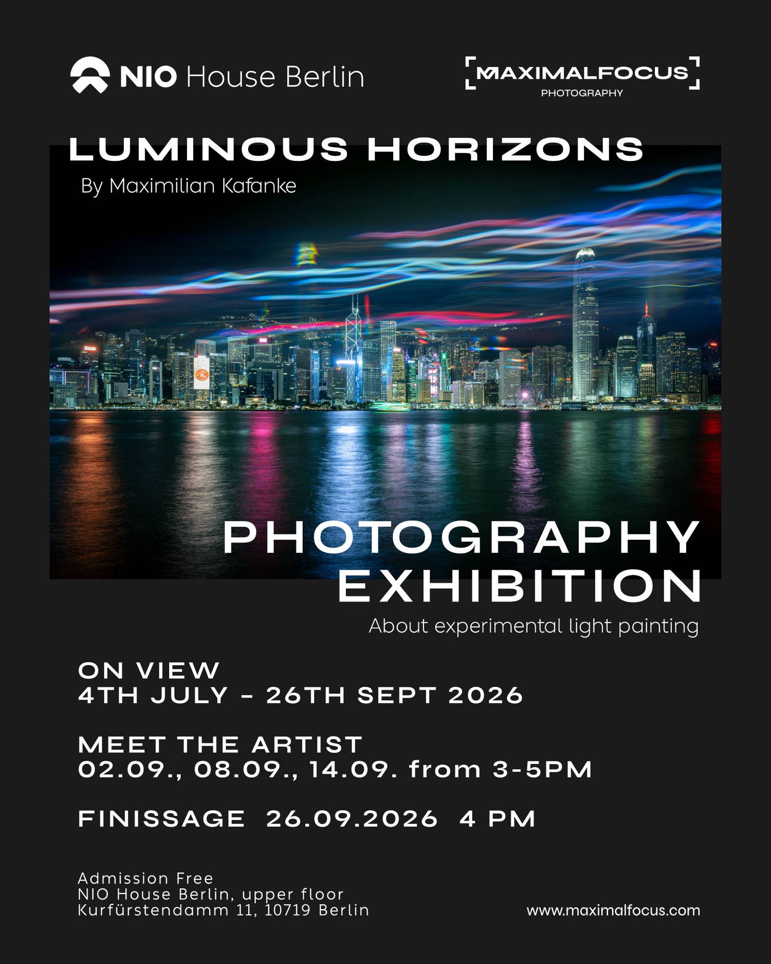 Poster for Luminous Horizons photography exhibition at NIO House Berlin, featuring a neon-lit city skyline at night with light painting.