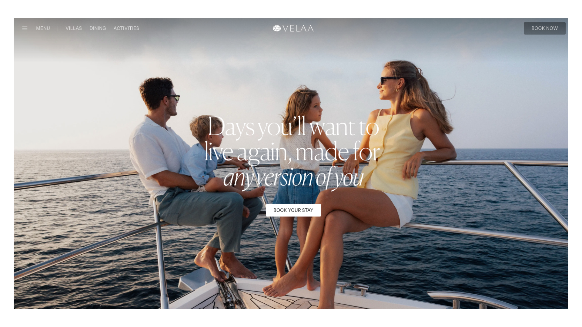 Three friends relaxing on a luxury yacht deck at sea, with text overlay promoting a lifestyle travel experience.