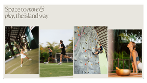 Four active resort amenities including tennis, running track, climbing wall, and yoga area surrounded by lush tropical landscaping.