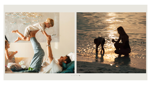 Joyful family moments with parents playing with baby indoors and mother with child on sunny beach.
