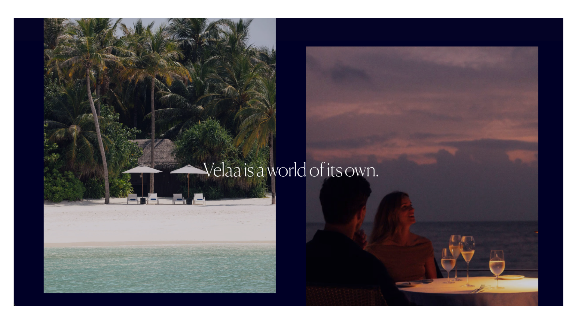 Velaa Private Island Maldives luxury resort with pristine beach, palm trees, overwater bungalow, and romantic candlelit dinner at sunset.