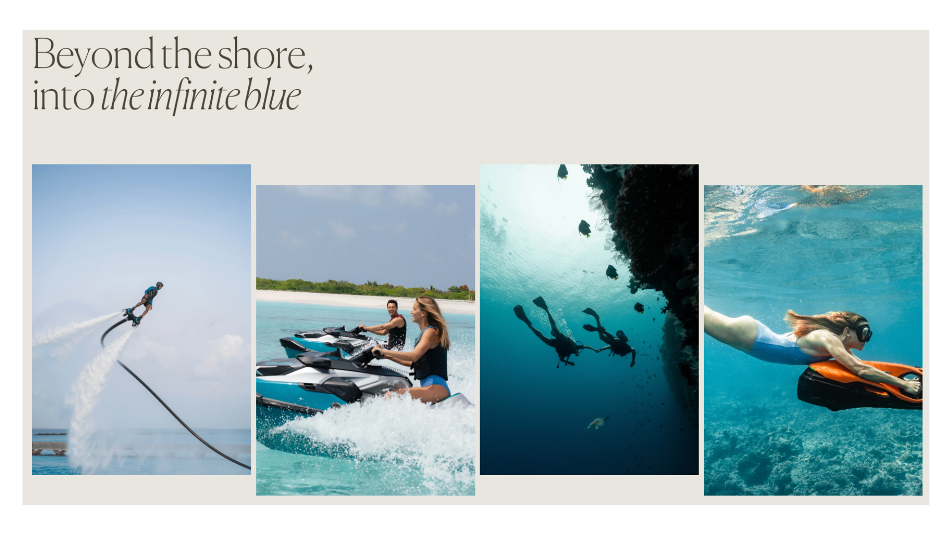 Four ocean water sports images showing flyboarding, jet skiing, scuba diving, and snorkeling in tropical blue waters.