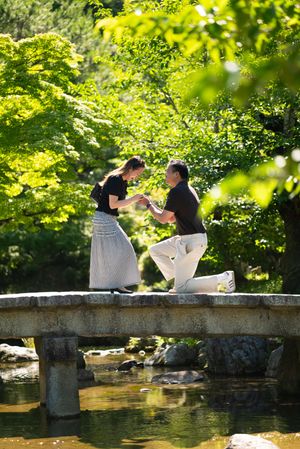 Man proposes to woman on a stone bridge in a lush green Japanese garden setting.