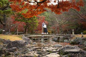 Couple embracing on a stone bridge in a Japanese garden with vibrant autumn foliage in red and orange.