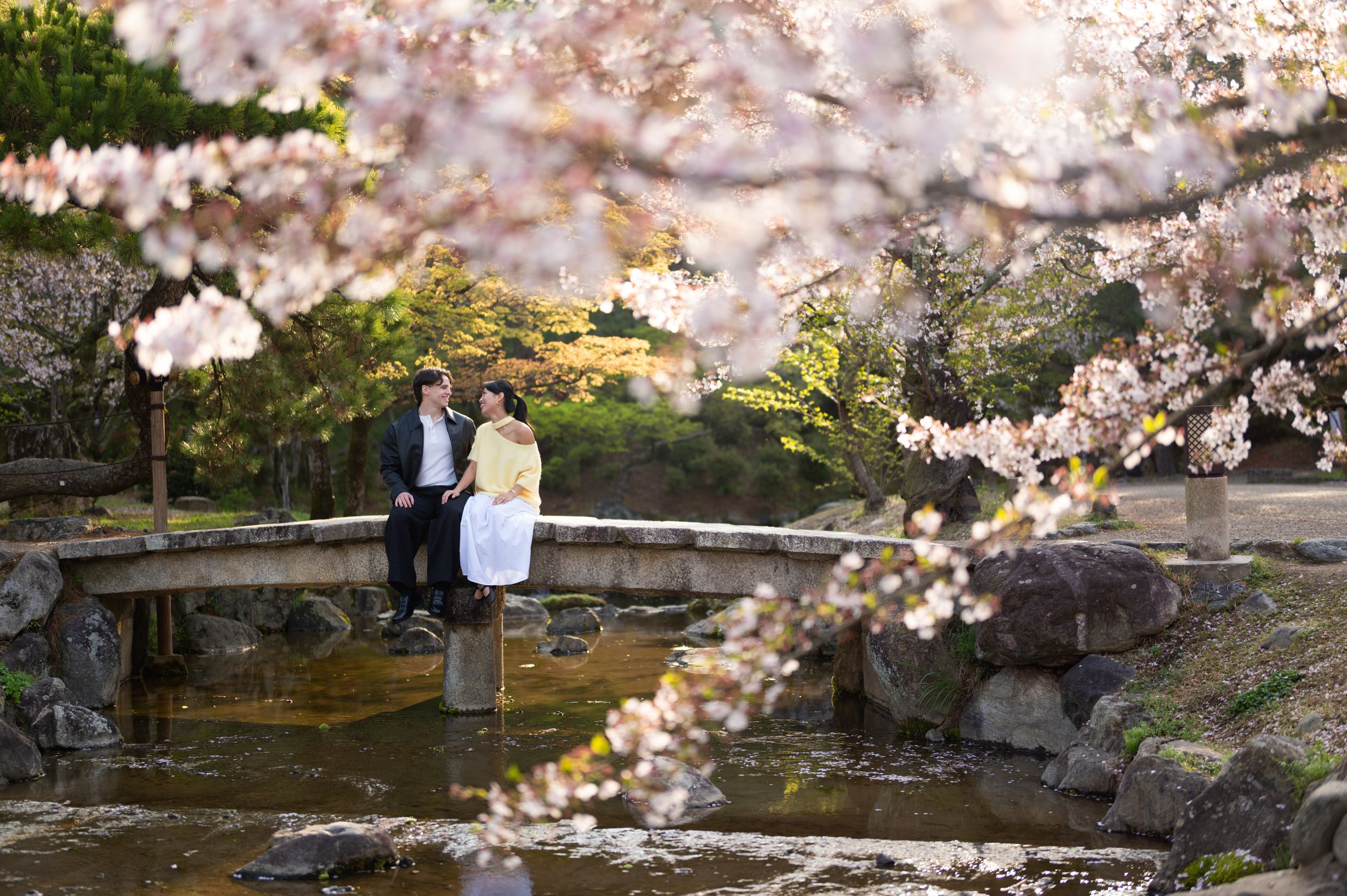 Couple in traditional attire on a stone bridge surrounded by blooming cherry blossom trees in a Japanese garden.