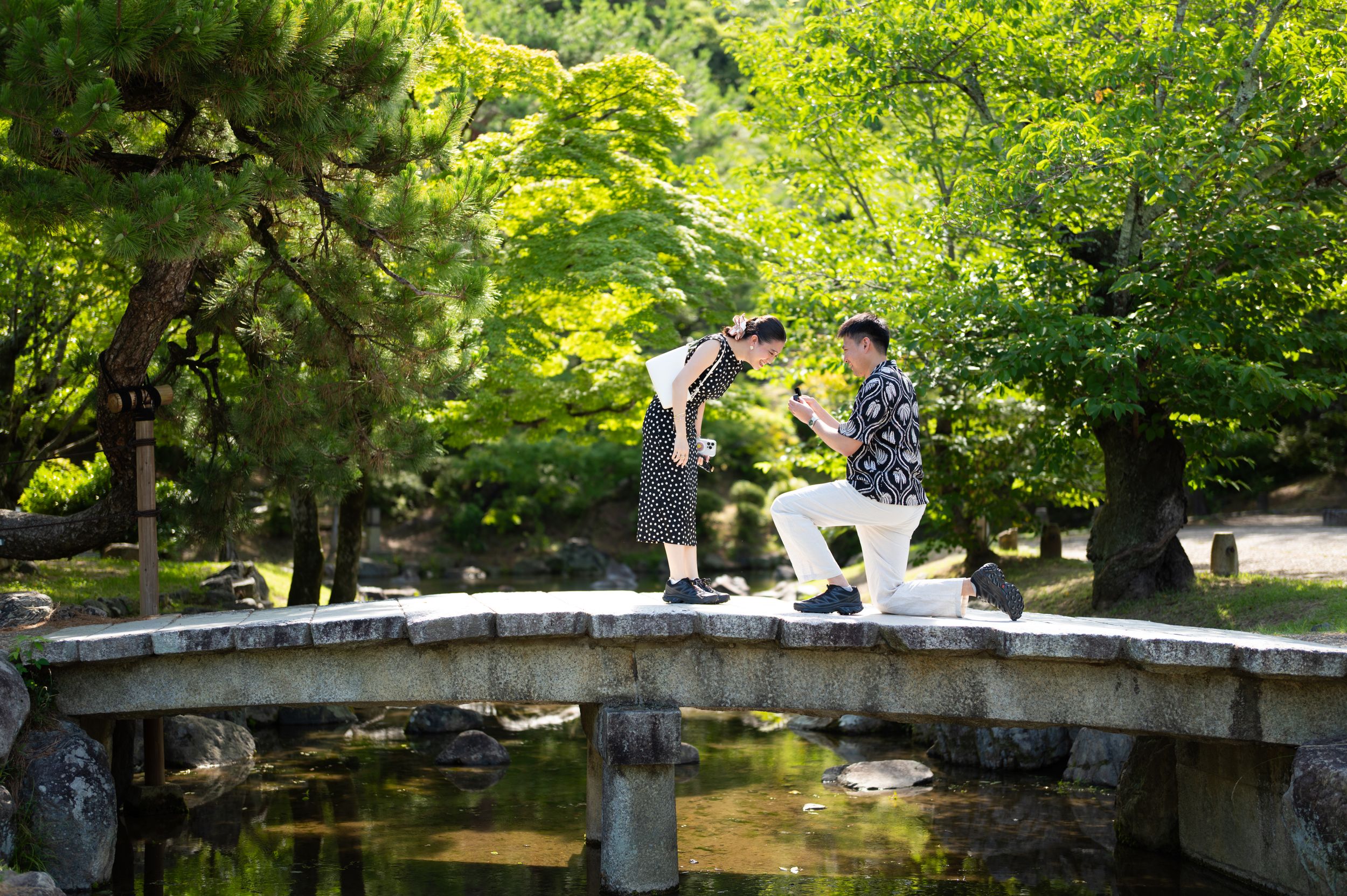 A man proposes on a stone bridge in a lush Japanese garden, surrounded by vibrant green trees.