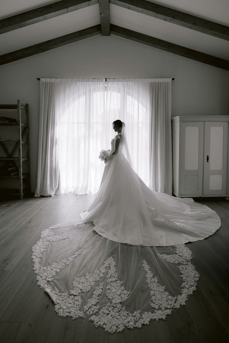 Black and white portrait of the bride during the getting ready of her destination wedding at Lake Garda Italy