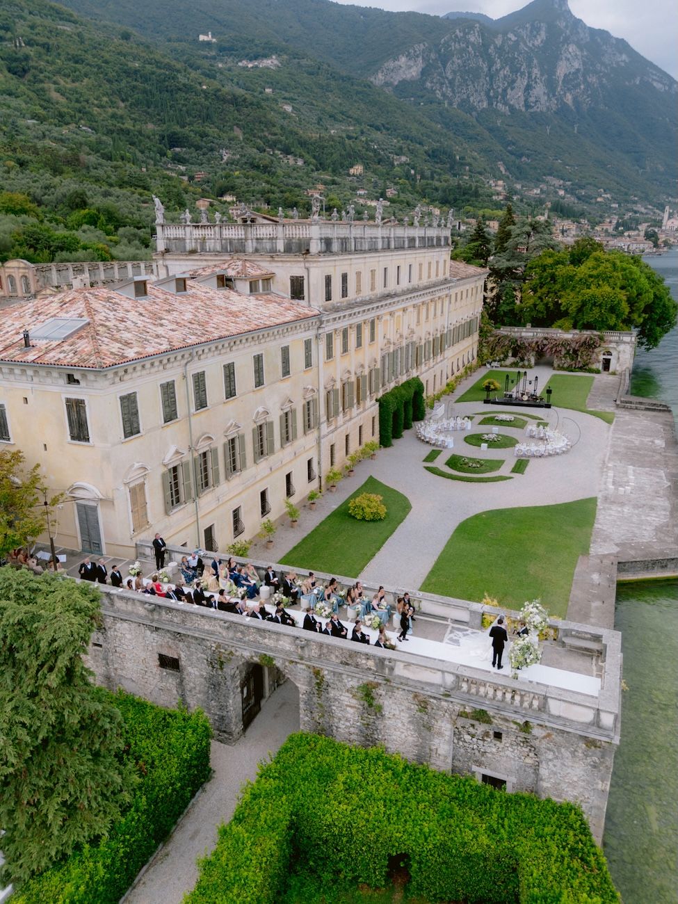 Aerial view of the wedding ceremony at Villa Bettoni, Lake Garda. Design by Solidea Events