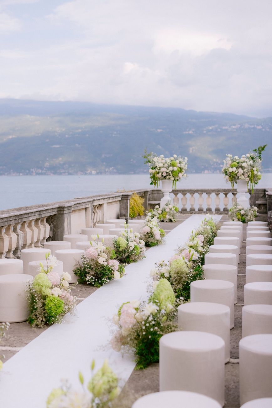 Detail of the wedding ceremony on the lake view terrace of Villa Bettoni, Lake Garda. Italy. design by Solidea Events