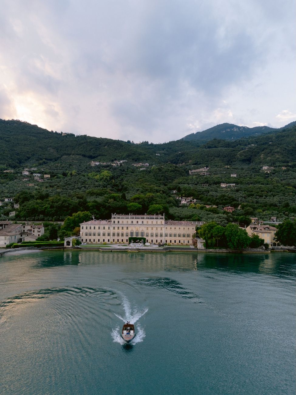 Aerial view from the lake of Villa Bettoni, Lake Garda. Italy. Solidea Events