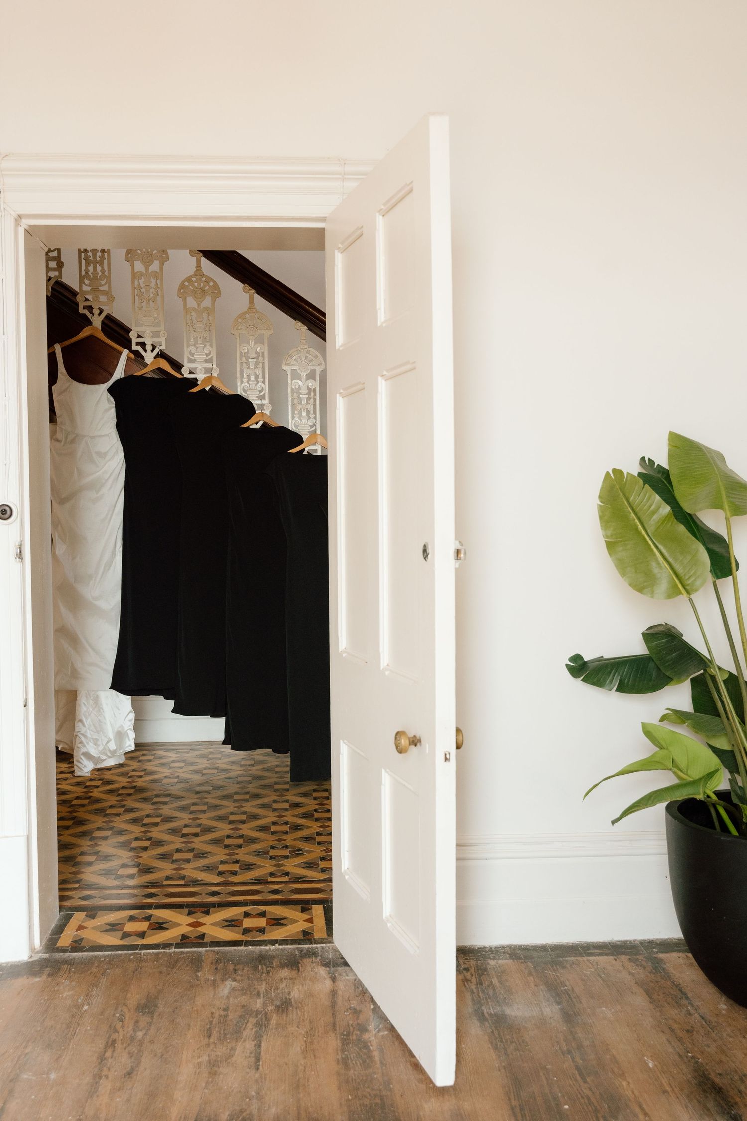 Wedding dresses hanging on black velvet hangers visible through open white door with plant.