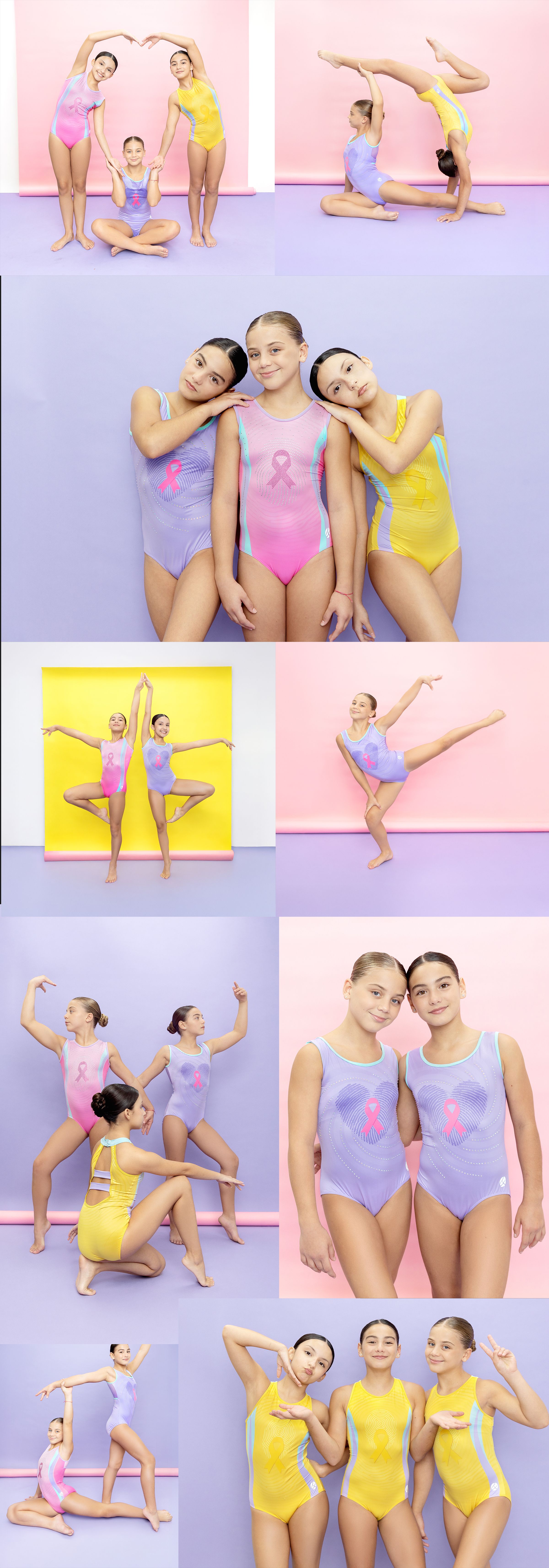 Pastel leotard collection, gymnasts in group poses