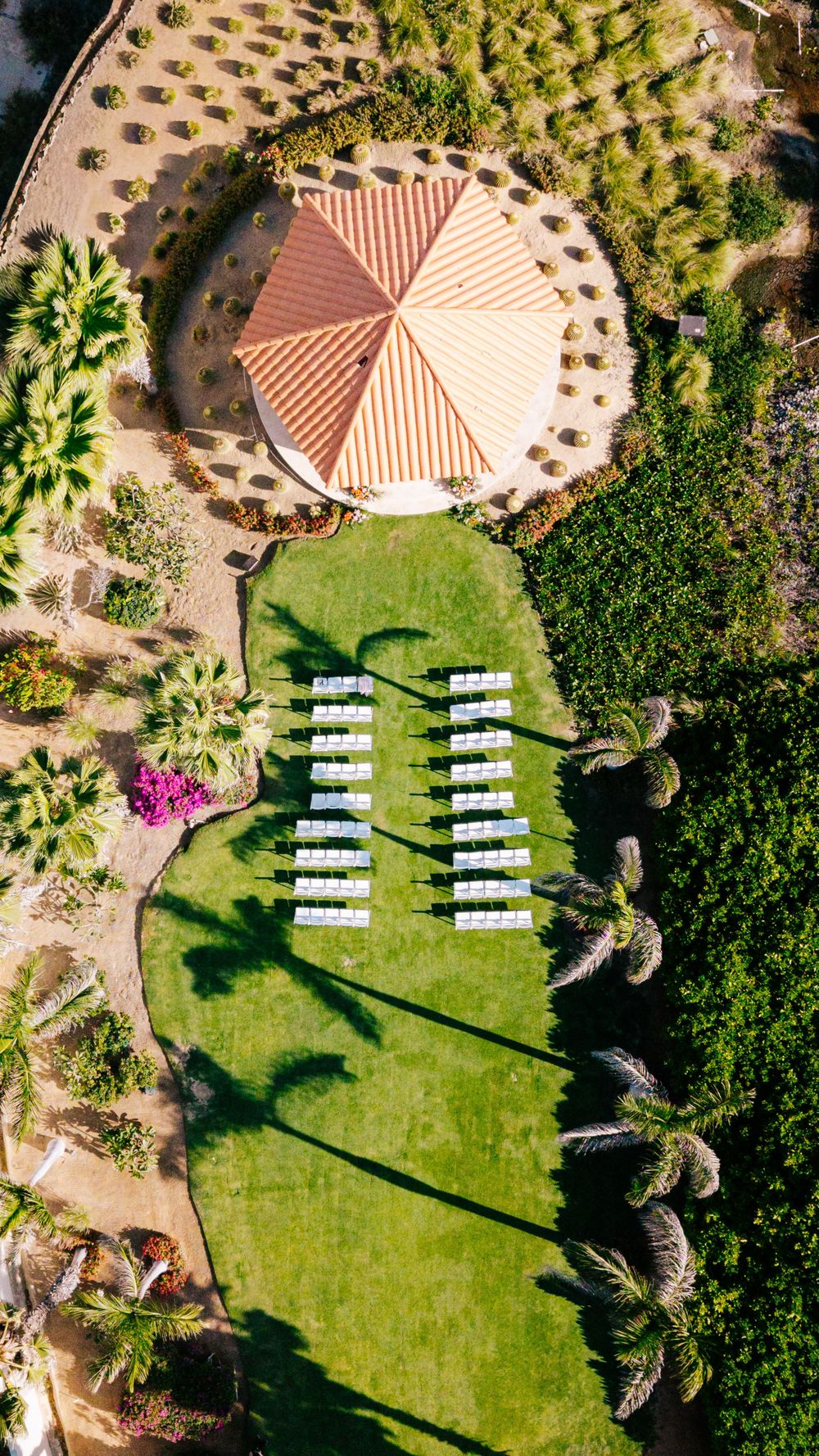 Aerial view of an outdoor wedding ceremony setup with white chairs on a green lawn beside a striped gazebo and palm trees.