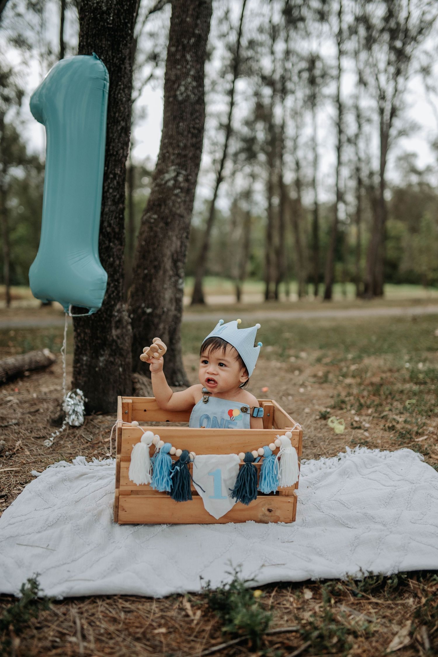 Baby boy in blue crown sits in wooden crate celebrating first birthday outdoors with number one balloon.