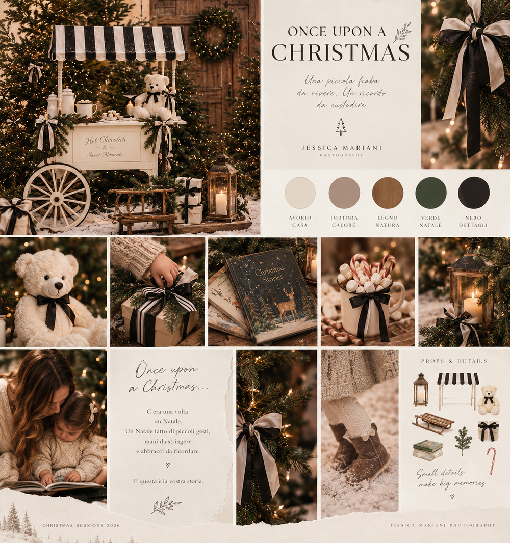 Elegant Christmas mood board featuring a festive cart, teddy bear, gifts, and warm holiday decor in neutral tones.