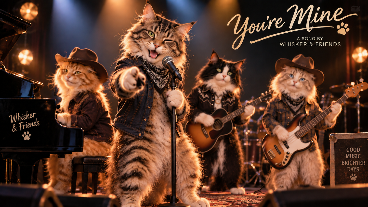 Whiskers & Co song You’re Mine – lively band of cats performing together on stage with guitars, piano and microphone