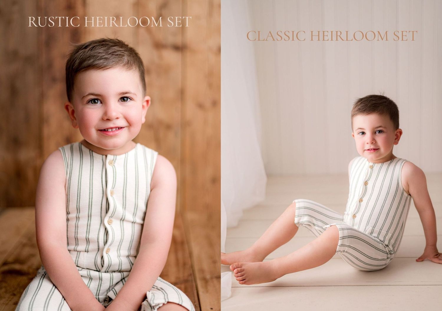 Toddler boy in a striped cream romper smiling on a rustic wood backdrop beside a classic white set, showing heirloom photo session styles.