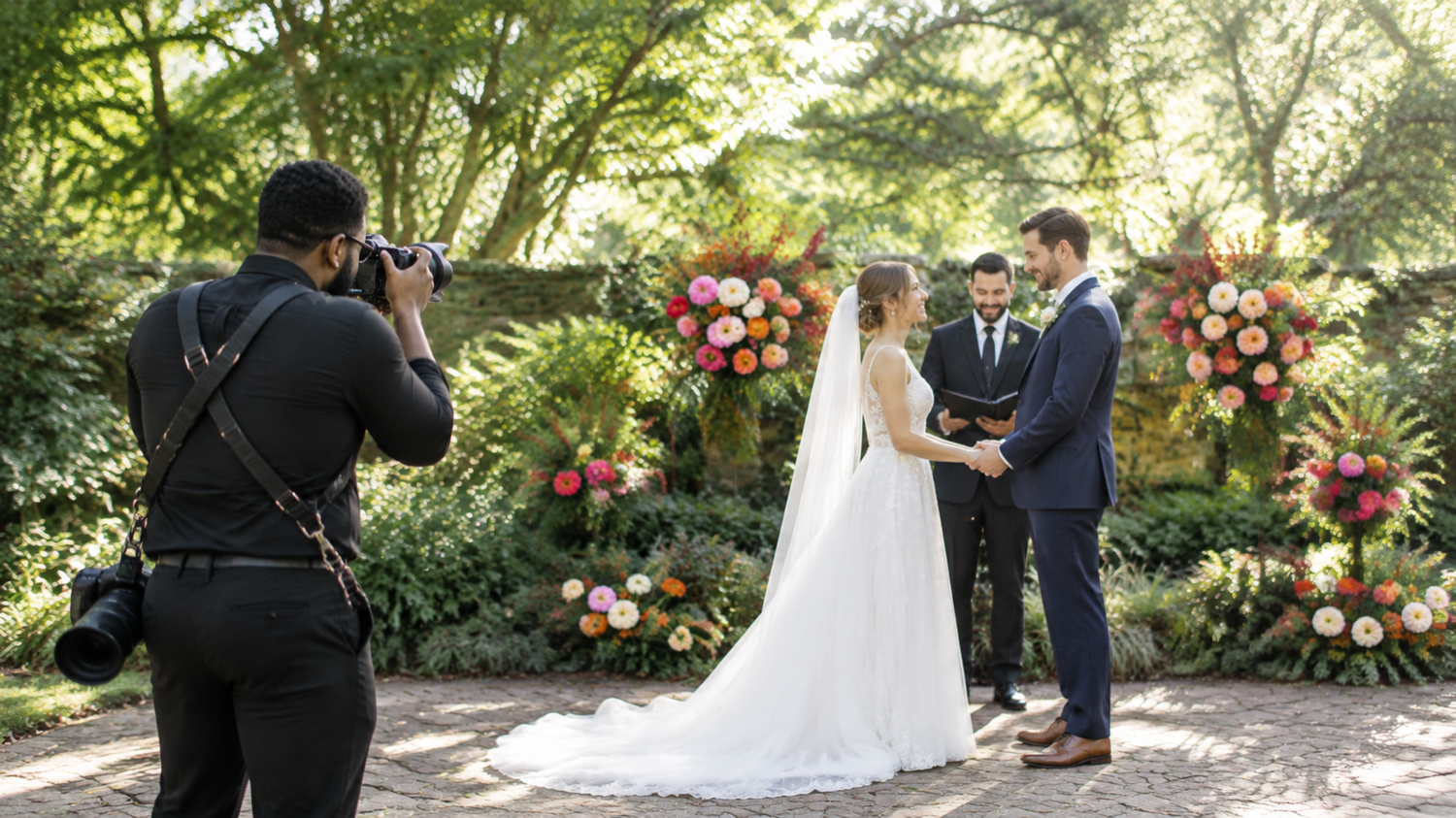 Photographer captures a bride and groom exchanging vows during an outdoor garden wedding ceremony surrounded by colorful floral arrangements