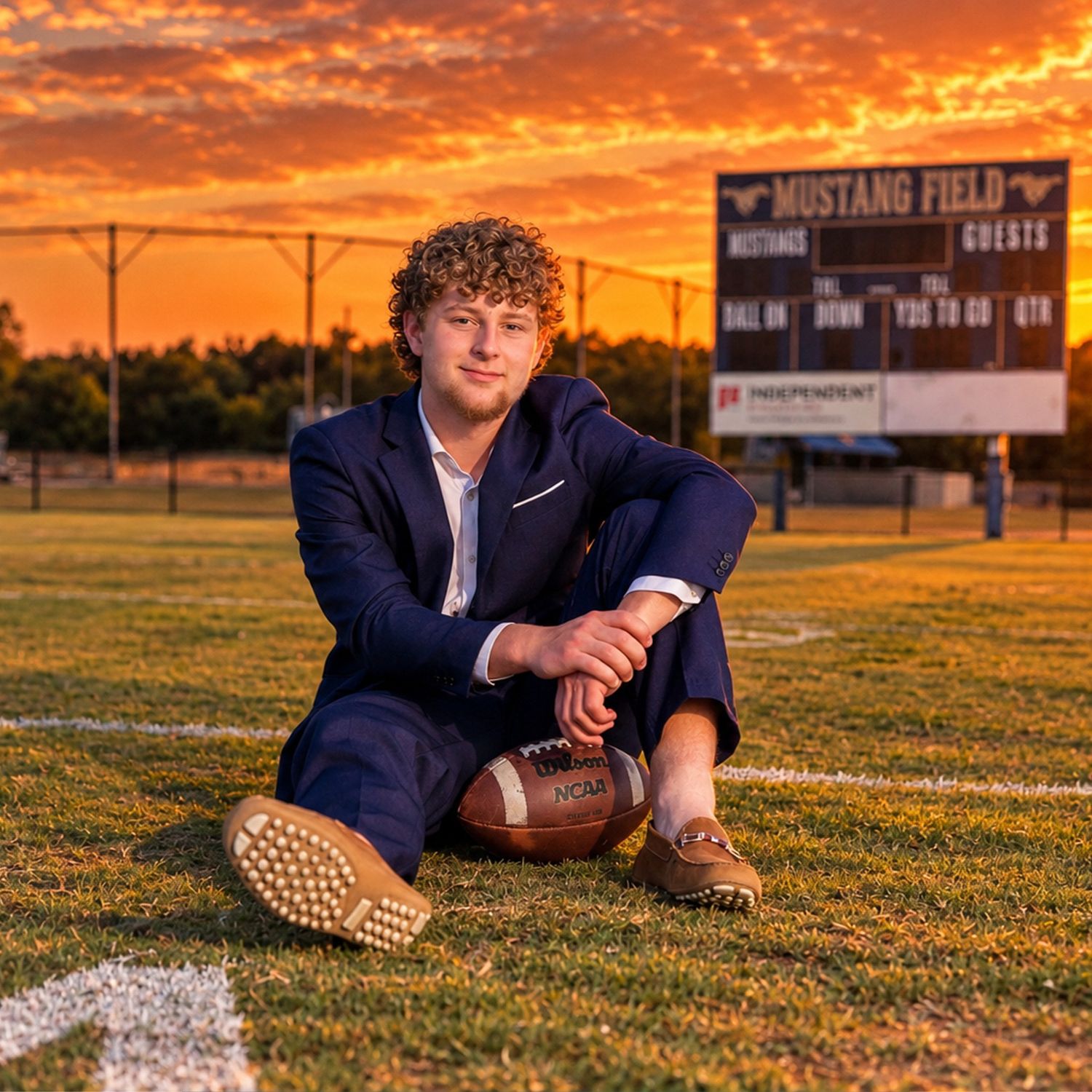Young man in navy suit sits on football field at sunset holding a football at Mustang Field.