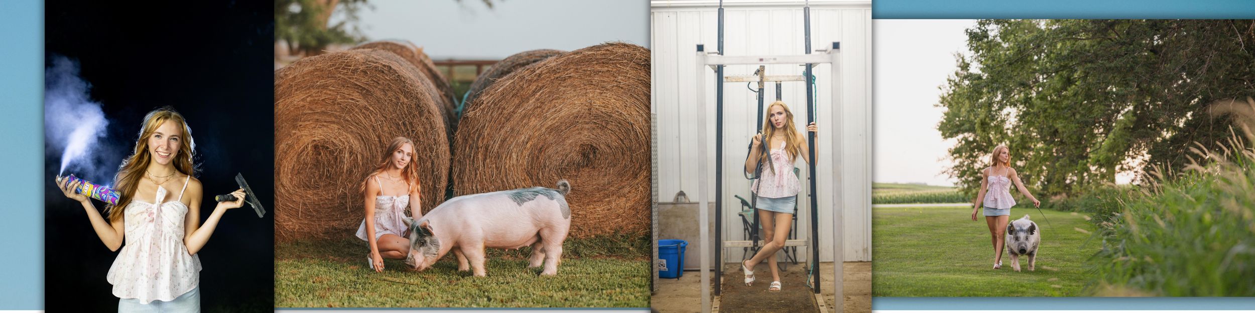 Woman with smoke, girl with pig by hay bales, woman in glass booth, and girl walking outdoors in a rural setting.