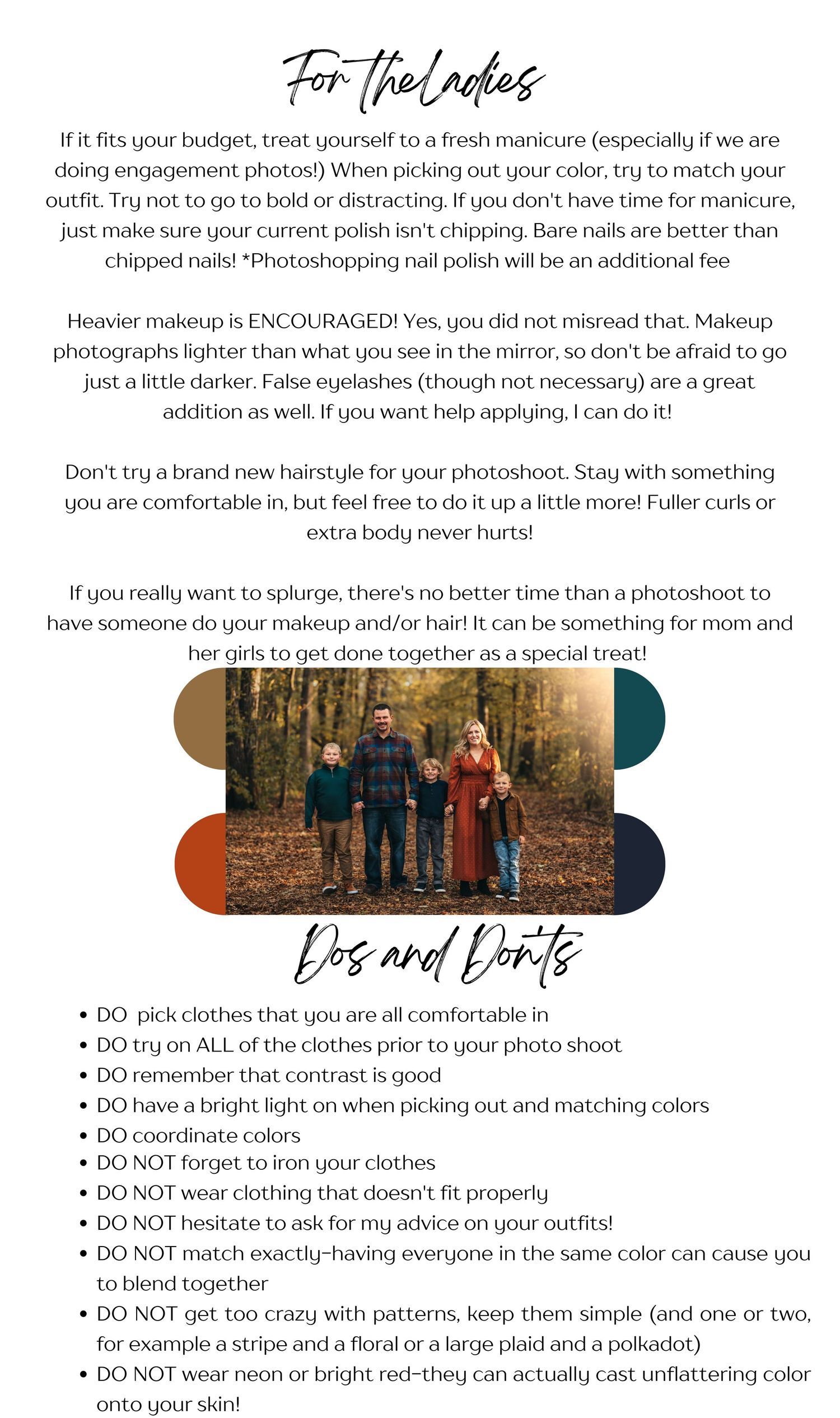 Photography tips guide for women covering makeup, hairstyle, outfit dos and don'ts for a flattering photoshoot.