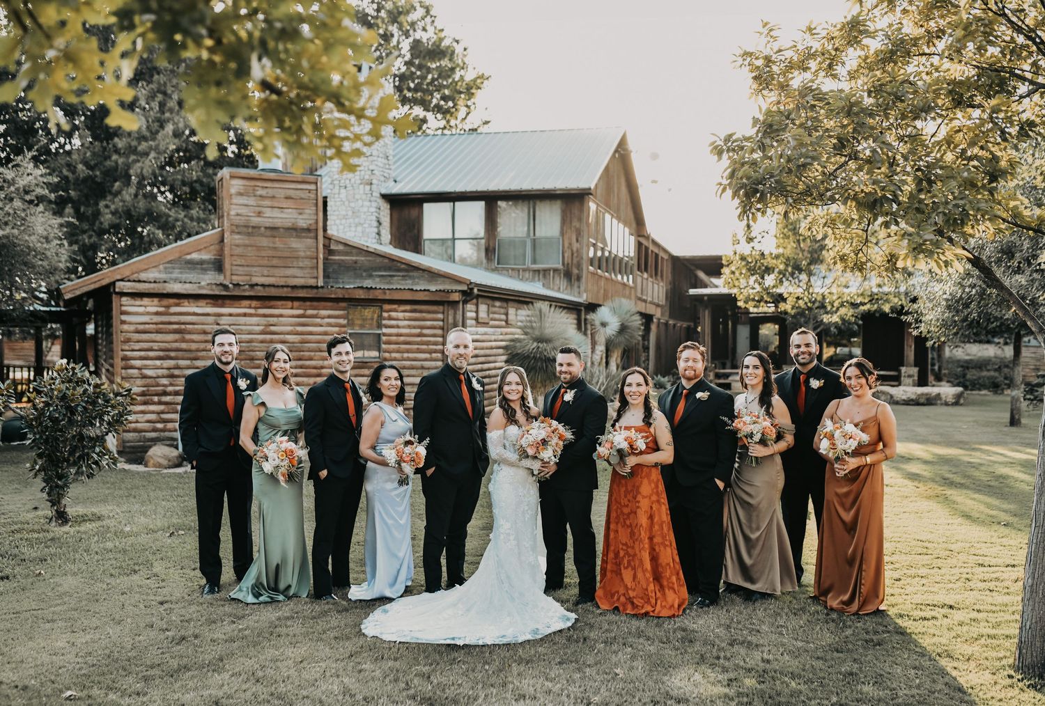 Wedding party photographed at golden hour at Lucky Spur Ranch