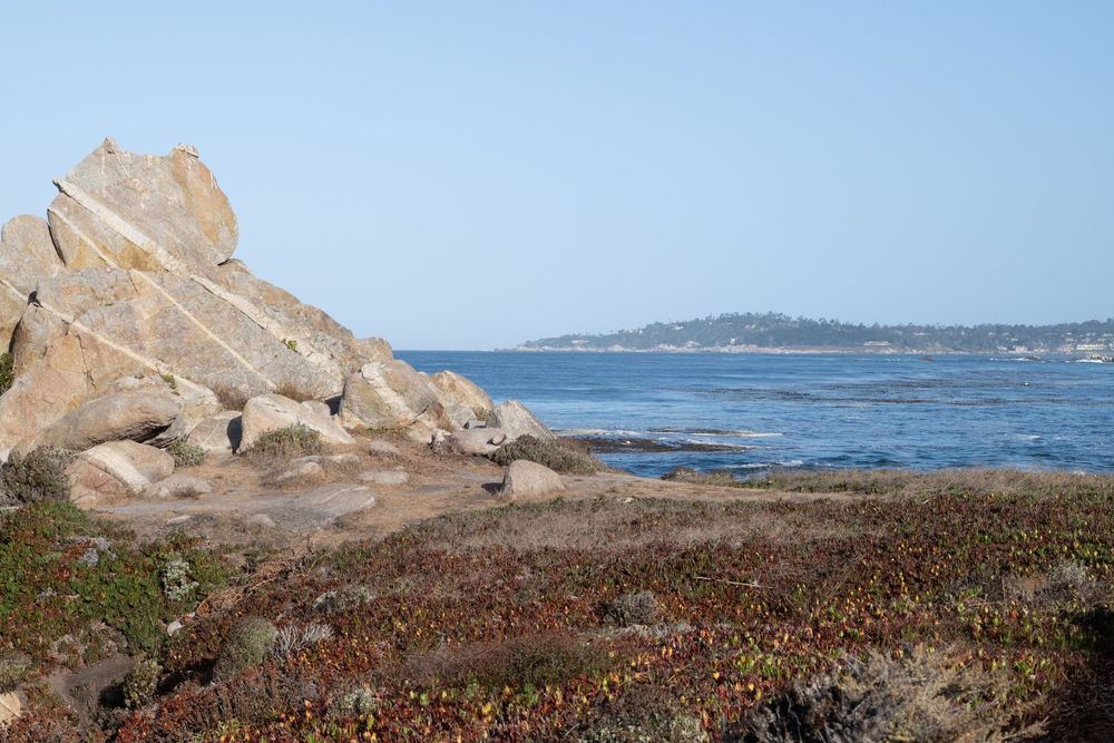 Rocky coastline with granite boulders, low tide tide pools, and a calm blue ocean stretching to a distant shoreline.