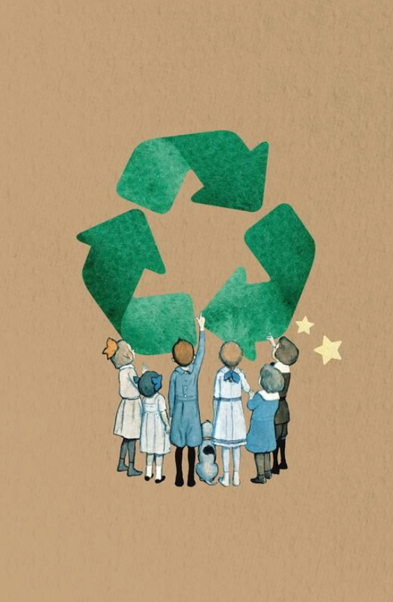 Children painting a large green recycling symbol on kraft paper background, promoting eco-friendly awareness.