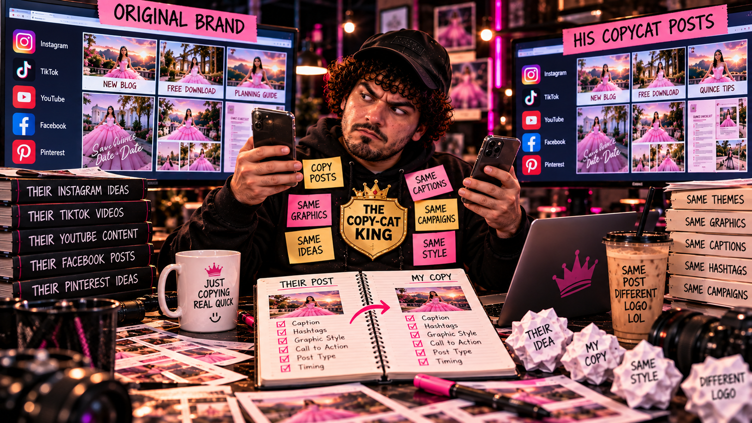 Vendor endorsements and photo reviews appear together in a satire of misleading quinceanera client testimonials and online reputations.
