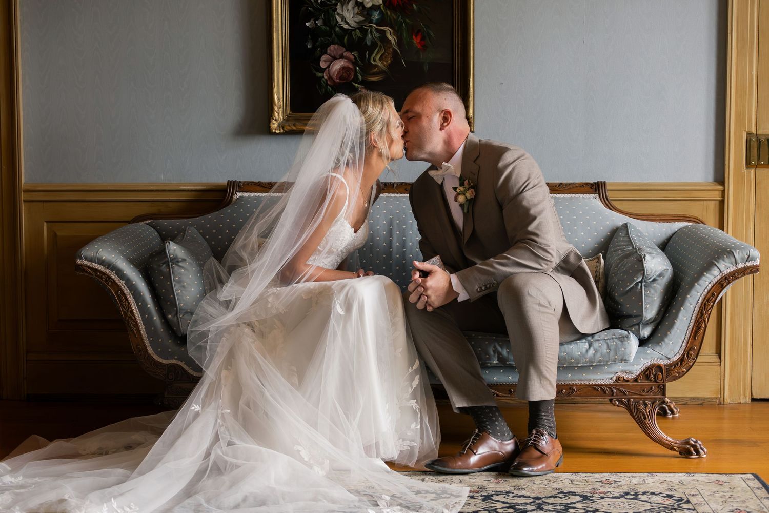Bride and groom portrait inside the historic manor at their Little Brook Meadows wedding in Lancaster, Ohio
