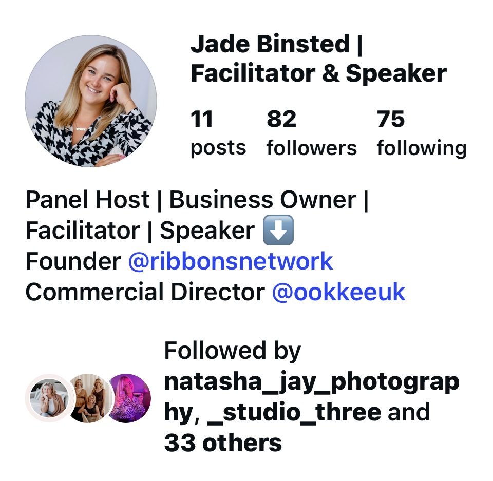 Instagram profile of Jade Binsted, Facilitator and Speaker, showing 11 posts, 82 followers, and 75 following.