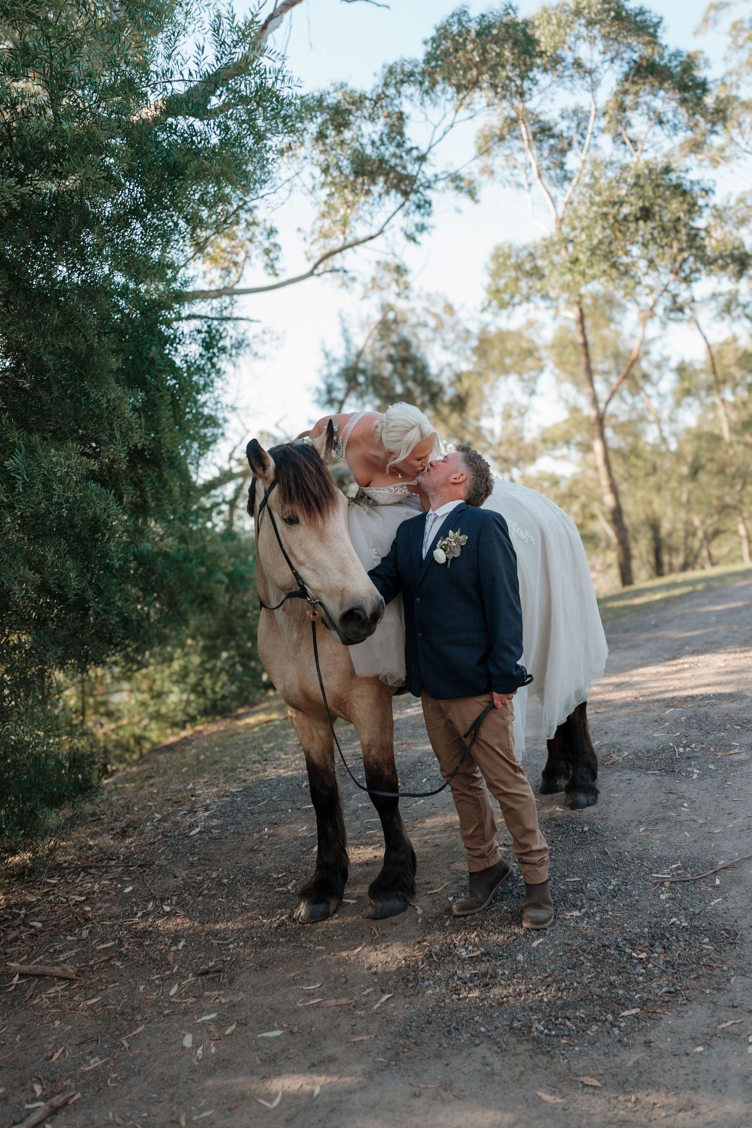 Wedding couple kissing beside a pale horse on a dirt path surrounded by eucalyptus trees.