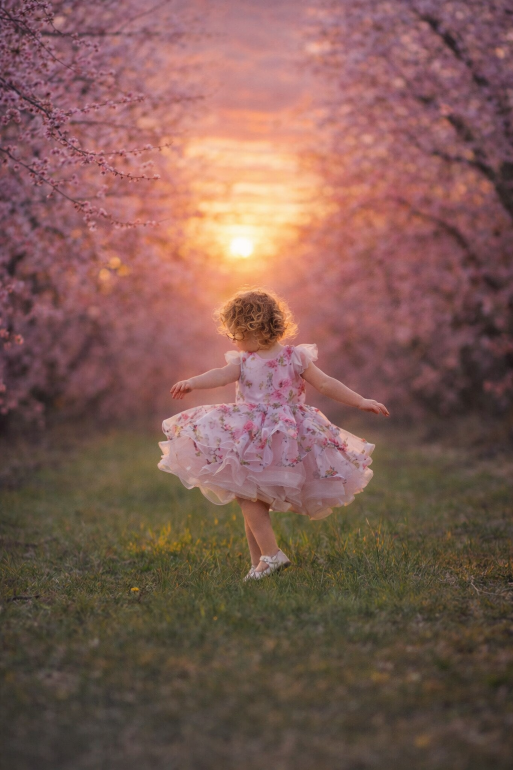 Little girl in a pink floral tutu dress twirls on a grassy path between blossoming trees at sunset.