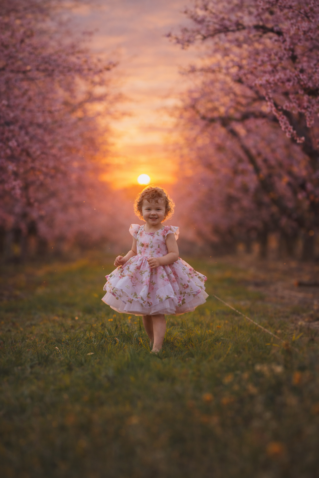 Smiling toddler in a pink floral dress walks through a grassy blossom orchard lane at a glowing sunset.