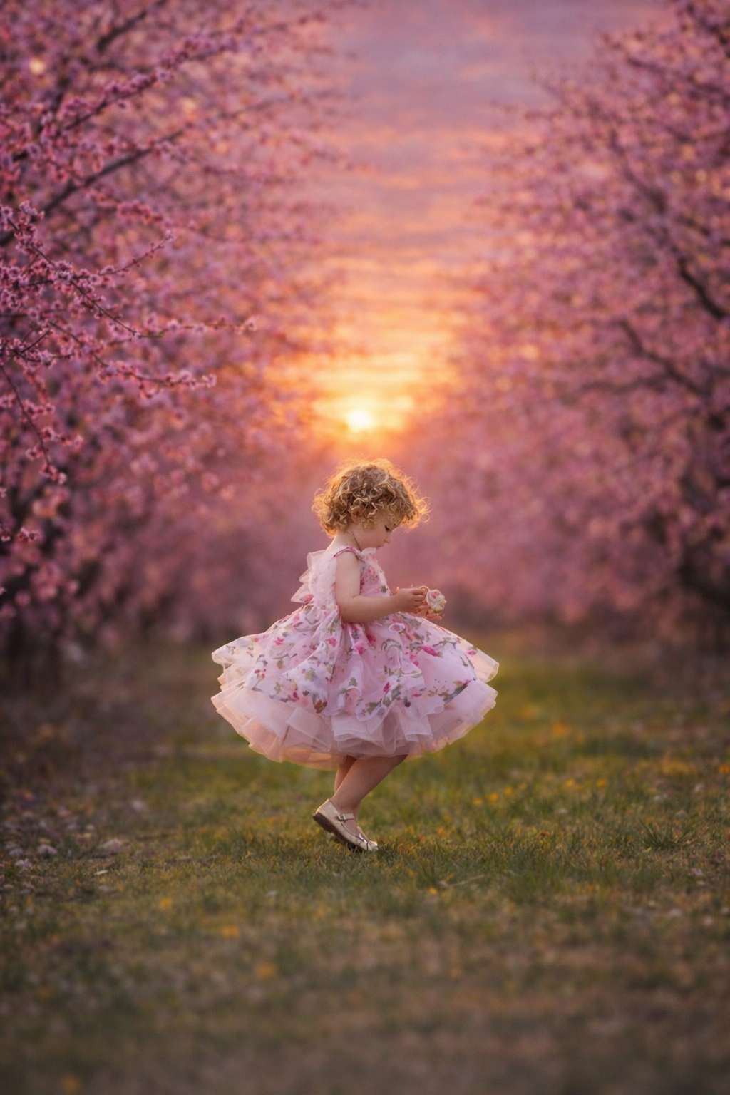 Little girl in a pink floral tutu dress twirls on grass between blooming pink blossom trees at golden sunset.