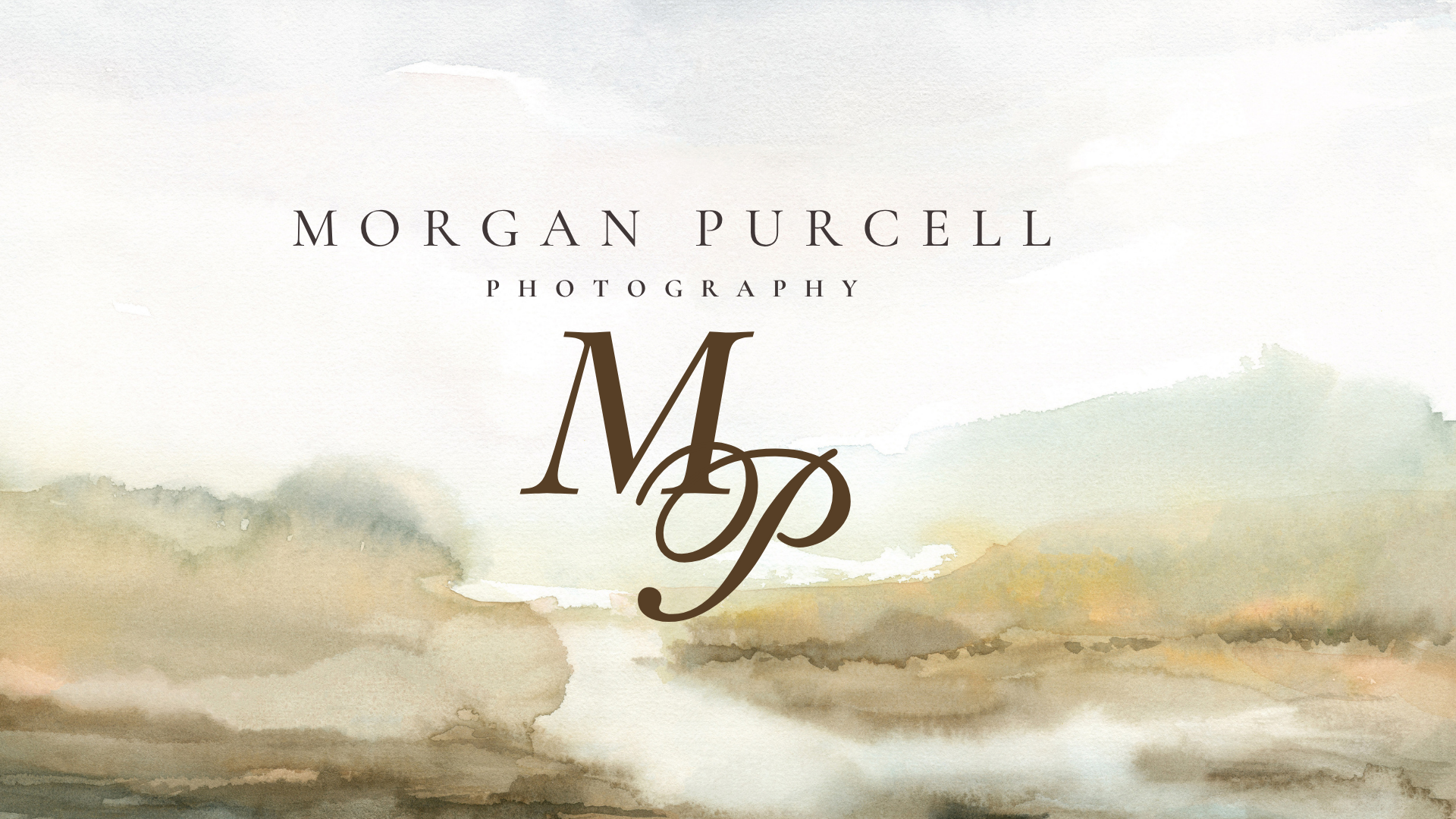 Morgan Purcell Photography logo with elegant MP monogram on a soft watercolor background in muted gold and gray tones.