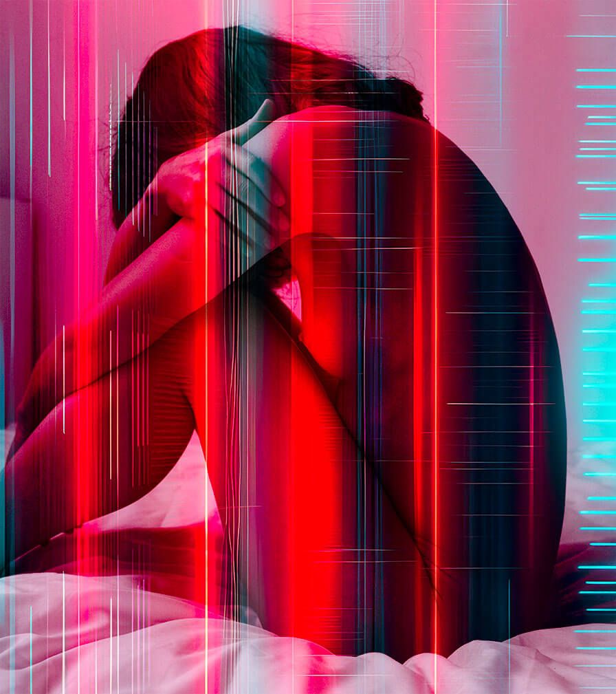 An artistic portrait in red and cyan tones shows a silhouette with glitch effects and digital distortion.