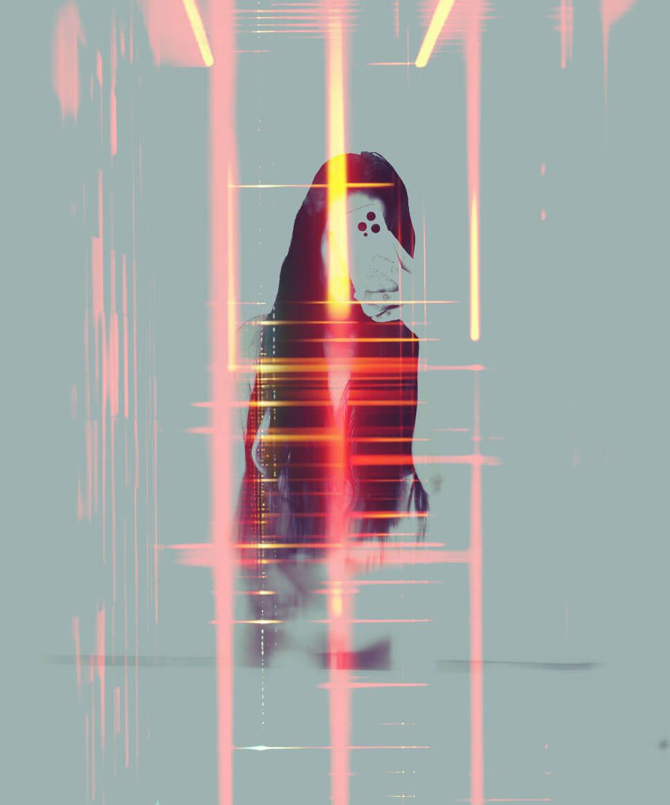 Artistic digital illustration with neon lighting effects in red and blue tones.