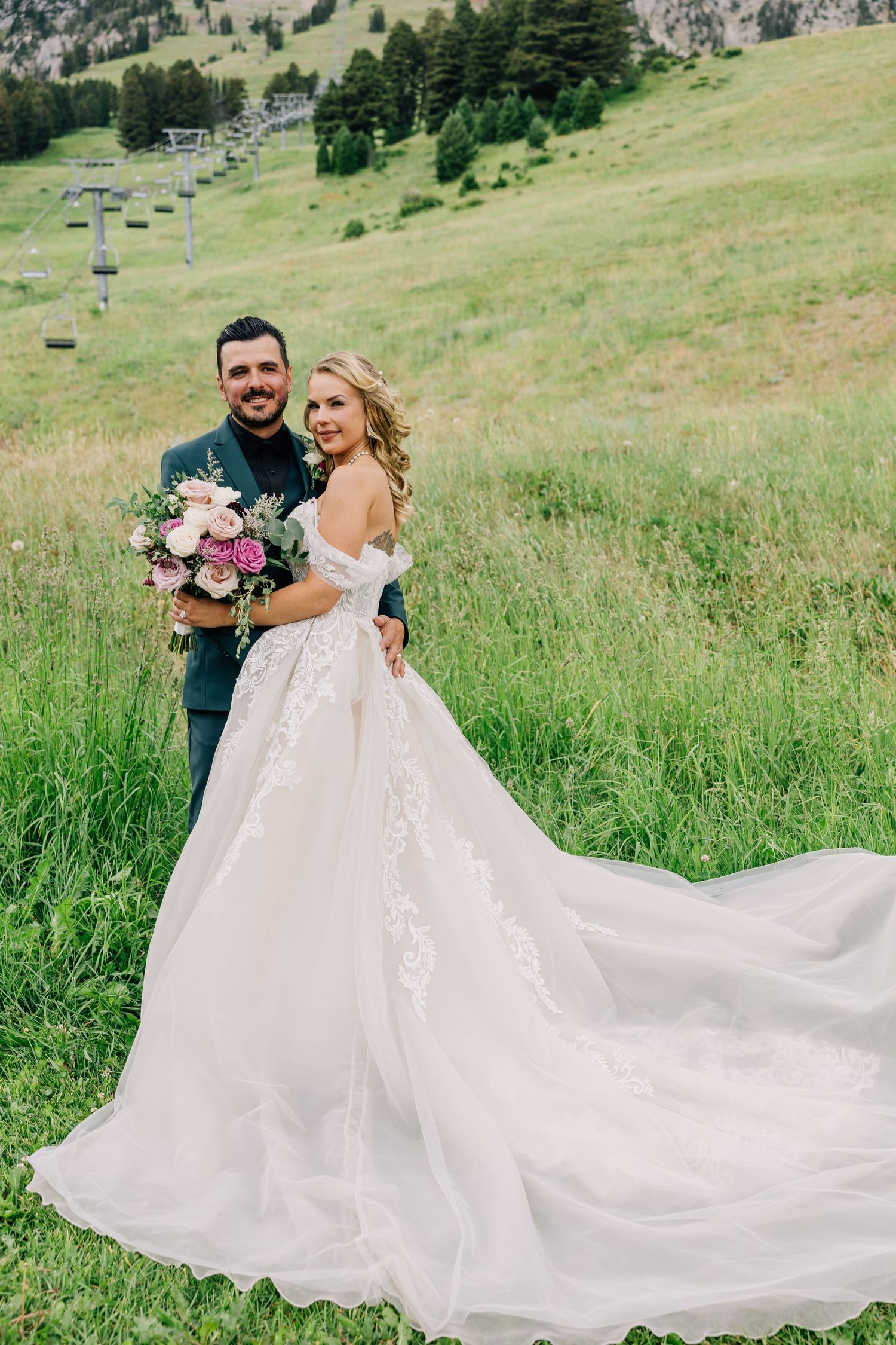 Wedding photo in the meadows of Bridger Bowl Ski Area. Montana meadows. Ski wedding